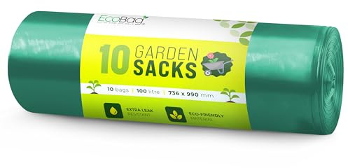 EcoBag - 10 Pack Extra Strong Heavy Duty Garden Sacks - 100L - 30 Microns - Recyclable, Leak Resistant & Eco-Friendly, Durable Garden Waste Disposal Bags for Household & Commercial Use (736x990mm)
