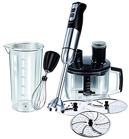 MPM MBL-11 Set Mixeur Plongeant, Hachoir Multi-usages, Fouet, Gobelet Hachoir 1750ml, 3 Disques à Découper, Acier Inoxydable, sans BPA, Fonction Turbo, 800W