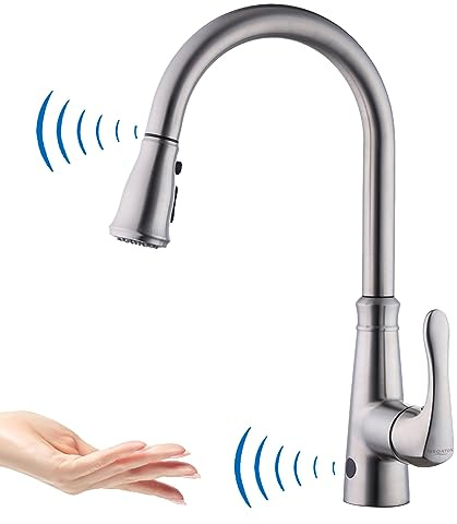 GEOATON - Rubinetto in nichel spazzolato per il lavello della cucina con sensore automatico, miscelatore a leva singola con ugello girevole e retrattile