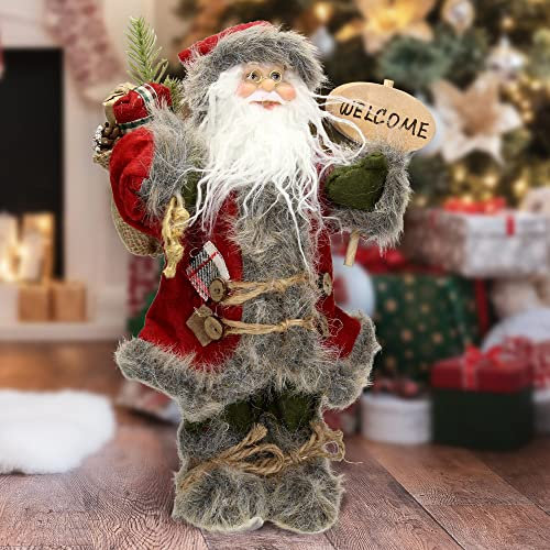 ECD Germany Weihnachtsmann Deko-Figur, 37 cm hoch, rot/Grauer Mantel, grüner Hose, mit Geschenkesack, Santa-Claus Winterdeko Weihnachten Stehende Winter Dekoration Nikolaus Weihnachtsdeko