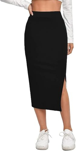 ALYNE Women's Elastic Waist Pencil Bodycon Midi Skirt - High Waisted with Side Slit Below Knee Length Elegance for Women Black
