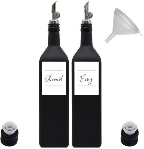 Ölflaschen mit Ausgießer zum Befüllen aus Glas 1000 ml - Edelstahl-Ausgießer - wasserfeste Etiketten - Deckel und Trichter - schwarz-matt