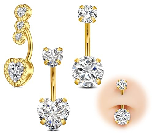 AVYRING Barre a bottone in acciaio chirurgico da 14 g, 10 mm, color argento o oro, con cuore rotondo e cuore, ipoallergenico, da donna, 3 pezzi, Acciaio inossidabile