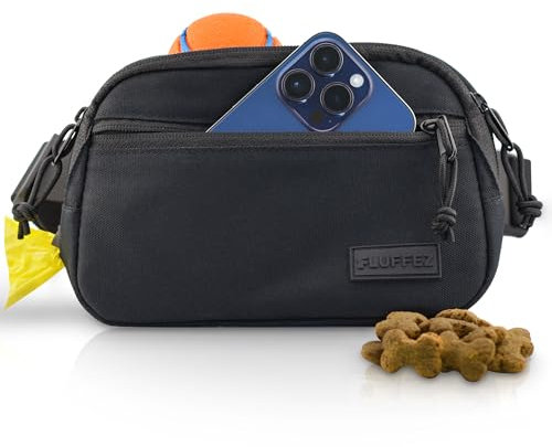 Fluffez Leckerlitasche für Hunde – Bauchtasche mit verschließbaren Innentaschen und separatem Reißverschluss - Gassi Tasche für das Hundetraining – Leckerlibeutel mit Kotbeutelspender