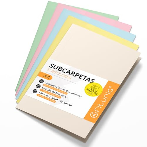 Subcarpetas Cartulina A4, Carpetas Archivadoras de Papel 180gr, Carpeta Clasificadora para Documentos, Pack de 15 Subcarpetas de Colores para Archivar y Ordenar - Ofituria (Surtido Suave)
