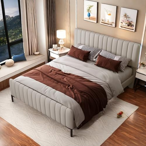 Cama de matrimonio acolchada de 180 x 200 cm, una plaza y media, dormitorio completo, estructura con somier de láminas y cabecero ajustable, gris y beige