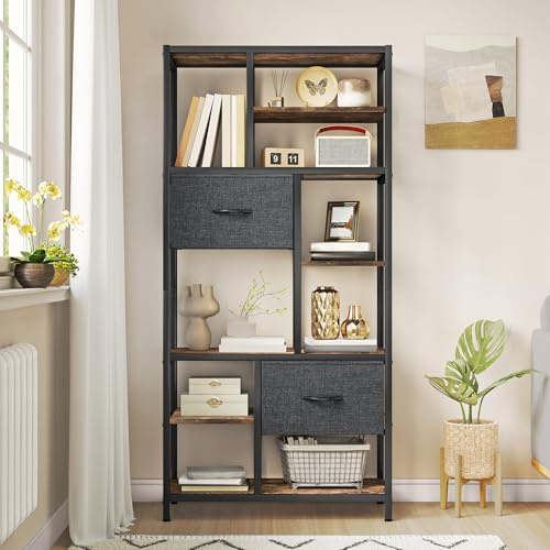 YITAHOME Bücherregal mit Schubladen, 7-stöckiges Standregal mit Stahlrahmen, Bodenstehendes Lagerregal, Industrieregal Aufbewahrungsregal, für Wohnzimmer, Büro, Flur, Küche, Vintagebraun Regal