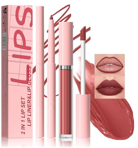 2PCS Velvet Matte Lip Stain & Lip Liner Set – Long Lasting Waterproof Liquid Lipstick Kit — Highly Pigmented Non-Stick Makeup Combo with Gloss Finish, Gift Pack for Women (8# Red Brown)