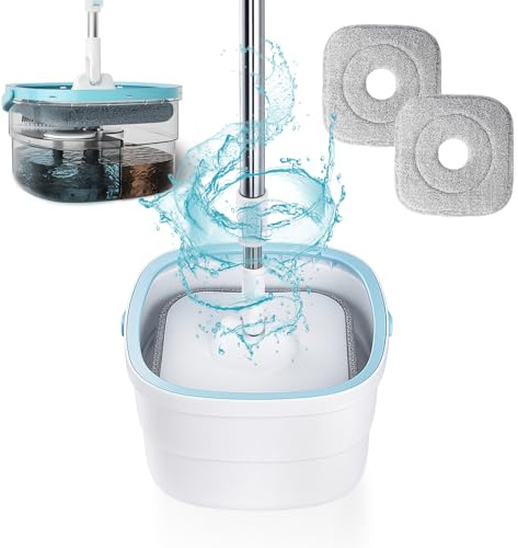 Set di mocio con secchio – Sistema a doppia camera per acqua pulita e sporca, manico telescopico da 128 cm, 2 cuscinetti in microfibra, lavapavimenti rotante a 360° per finestre e pavimenti, bianco