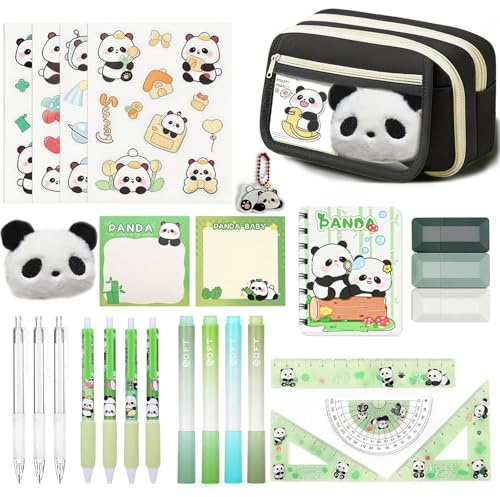 yolzhxe 28-Piece Office Supplies Panda Set | with Case, Markers, Gel Pens, Ruler, Panda Large Capacity School Case Office Supplies Set for Note or Daily Tasks