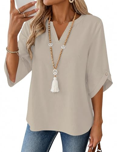 iWoo Womens 3/4 Sleeve Tops V Neck Ladies Blouses Cotton Linen Top Tunic | Casual Loose Fit Summer Top Elegant Shirts for UK Fall Shirt