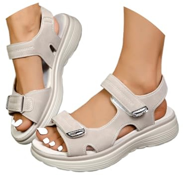 Wide Fit Sandals for Women Orthopedic Sandals Summer Open Toe Ankle Strap Sandals&Slides with Arch Support Low Wedg Lightweight Walking Shoes(Beige,5)