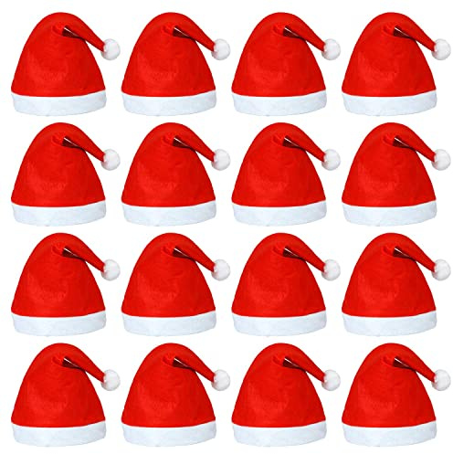 Elcoho 20 Pack Santa Red Hat Short Plush with White Cuffs Non-Woven Fabric Christmas Hat Santa Hat for Adults (Red)
