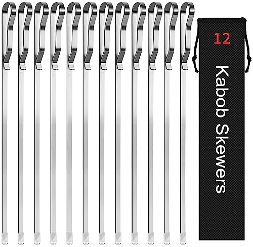 Kabob Skewers 17 Stainless Steel Long BBQ Barbecue Skewers, Flat Metal Kebob Sticks Wide Reusable Grilling Skewers for Meat Chicken,Set of 12 with Storage Bag