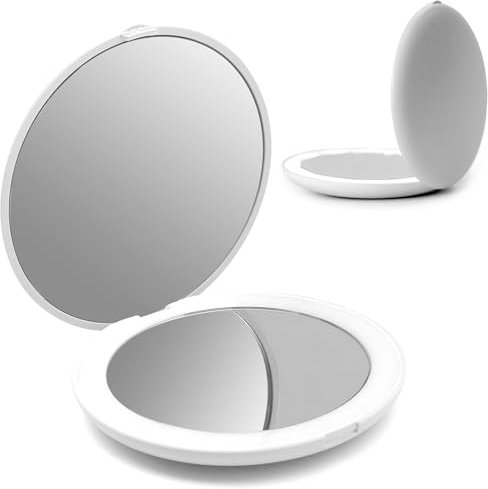 OMIRO LED Kompaktspiegel, 3½ Mini Taschenspiegel Beleuchtet, 1X/10X Vergrößerung Taschenspiegel, Make-up-Spiegel für Geldbeutel(Weiß)