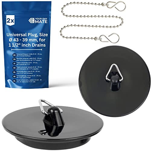 Bouchons en PVC pour lavabos, Lot de 2, Noir, Haut Ø 42 mm, Bas Ø 38 mm, INCL. 1 x Chaînette de Bouchon de lavabo de 30 cm, Couvercle de Drain d’évier pour la Partie supérieure des bondes de 1 ½