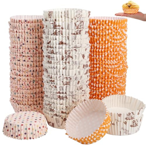 YOUEON 600 Pcs 9 cm Jumbo Muffin Liners，6 Oz Large Paper Baking Cups Greaseproof Non-Stick, Jumbo Cupcake Liners for Muffins, Cupcakes, Brownie, Quiche, Mini Snacks, Recyclable, 3 Pattern