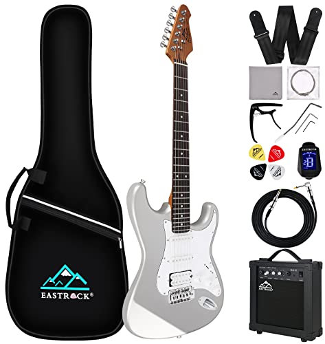 Eastrock E Gitarre Set E Guitar 39 Zoll Elektrogitarre mit Verstärker 10 Watt，Gitarre Tasche, Plektrum, Gurt, Stimmgerät, Instrumentenkabel, Ersatzsaiten,E Gitarren Set in Silber