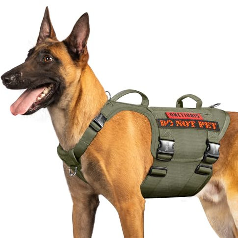 OneTigris Metallschnalle Hundegeschirr, Metall Taktisches Hundegeschirr Grosse Hunde, Verstellbar Brustgeschirr Mittelgroße Hunde 2 Griffe 3 Edelstahl D-Ring Ranger Grün L