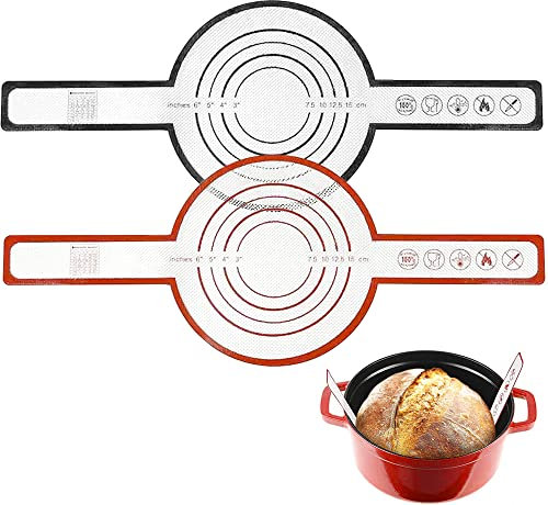 Frunimall Silikon Backmatte für Dutch Oven,Backpapier Silikon,Brot Backunterlage,Silikonmatte Backen mit Langen Griffen,Ausrollmatte für Teig,Leichteren Übertragen,für Baking,Brot,Pizz,2 PCS
