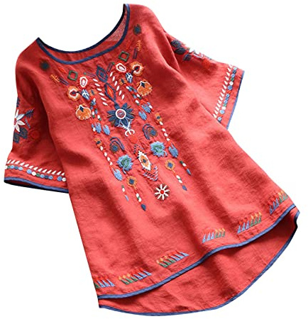 CGGMVCG Camicie di Lino per Le Donne Estate Stile Etnico retrò Ricamo Girocollo Cotone Allentato Manica Corta Top da Donna, Rosso, M