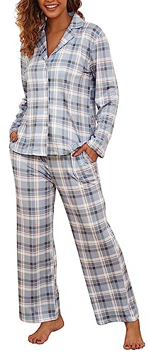 Famulily Checked Pajamas for Women Soft Sleepewear Button Down Cotton Top and Pants 2 Pcs Lounge Outfits Gray L