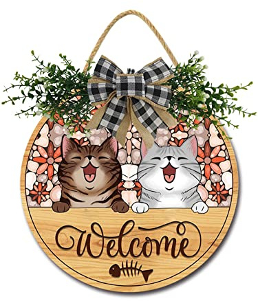 Cartello per Porta d'Ingresso con Gatti di Benvenuto Divertente - Ghirlanda da Appendere in Legno Rustico Rotonda - Decorazione Casa Colonica Portico