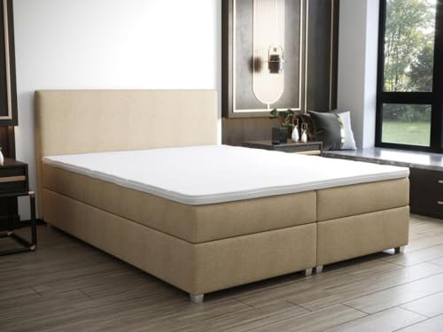 Vente-unique-Conjunto Completo de Cama boxspring con cabecero + somier + colchón + sobrecolchón - 180 x 200 cm - Tela - Beige - ONAN de YSMÉE