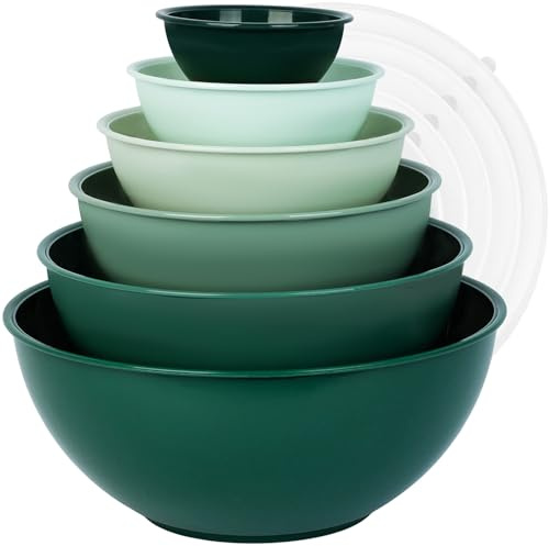 BoxedHome Mixing Bowl Set with Lid, Mixing Bowls, 12-Pack Mixing Bowl Set, Plastic Salad Bowl Stackable Serving Bowls for Kitchen (6 Bowls and 6 Lids, Green)