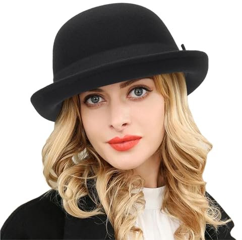 INOGIH Winter Wolle Bowler Derby Hut – Klassischer Pork-Pie Hut Rollkrempe Fedora-Hut für Herren und Damen, knautschbar, Schwarz und Schleife, M
