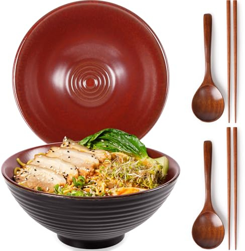 NUTRIUPS 8 Inch Ceramic Ramen Bowl Set of 2 Pho Bowls 40oz Japanese Noodle Udon Soup Bowls with Spoons and Chopsticks (Rusty Red Brown)