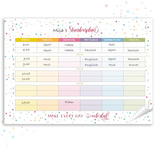 TOBJA Dots Stundenplan 1. Klasse A4 Block - 25 Seiten, Einschulungsgeschenk Füllung Schultüte Mädchen u. Jungen, Stundenplan Papier Bunt