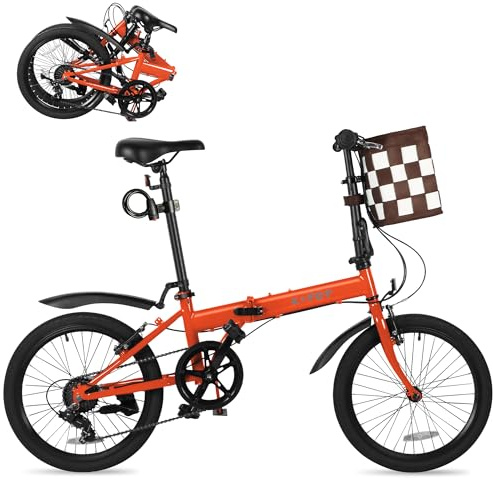 20 Inch Folding Bike for Adults, 7 Speed Foldable Bike with Basket, Lightweight Folding Bicycle with Adjustable Seat & Front and Rear V-Brakes (Orange)