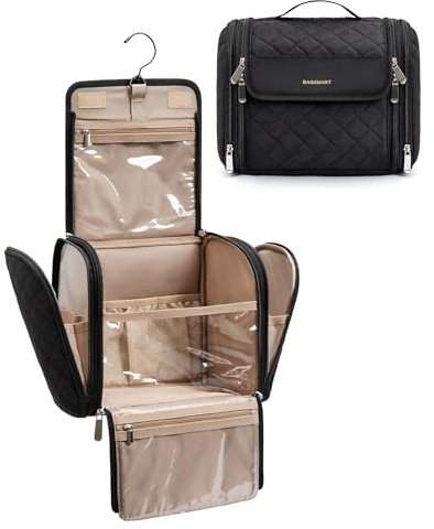BAGSMART Hanging Toiletry Bag Large Makeup Bag for Women Travel Wash Bag, Portable Cosmetic Case with Handle,Travel Essentials Organiser for Full Size Cosmetics & Toiletries, Black