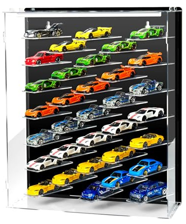 Acrylic Display & Storage Case for 1:64 Scale Diecast Cars - Wall Mountable/Tabletop 3D Showcase with LED Lights & Acrylic Dustproof Cover - Maximum 40 Toy Cars - Ideal Gifts for Collector （Black）
