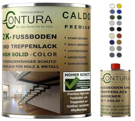 Contura 2K Fussbodenlack Treppenlack Farbe Buntlack Seidenmatt Dielenlack Parkettlack (9010 Reinweiß, 550ml (500ml+50ml Härter))