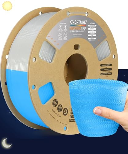 OVERTURE TPU High Speed Filamento 1.75mm, Alta Velocidad Flexible 95A Suave para Impresoras 3D Filamento, 1kg Carrete de Cartón, Precisión +/- 0.02 mm (HS TPU Azul Luminiscente)