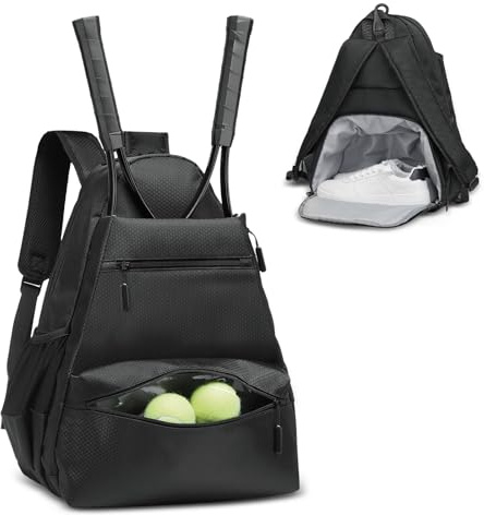 SUIKIHUM Tennis Backpack for 2 Rackets, Waterproof Tennis Bag with Shoe Compartment, Wet/Dry Pocket, Fence Hook, for Tennis, Pickleball, Badminton, Black