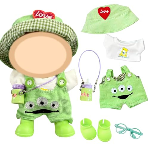 Lot de 6 vêtements de poupée Verts compatibles avec Les poupées de 17 cm, Les Accessoires comprennent Un t-Shirt, Un Bavoir, Un Pantalon, Un Chapeau, des Chaussures, Un Pendentif, Un Cadre pour