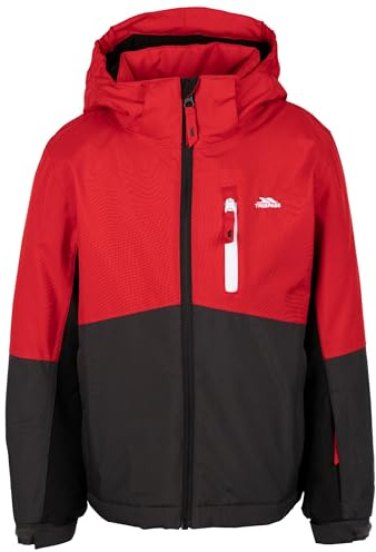 Trespass skidjacka för barn Lennox – unisex, vadderad, avtagbar huva, kontrastdragkedja, bröstficka med dragkedja, 2 nedre fickor, skidpassficka, snöskydd, justerbar fåll och manschetter, Röd, 7-8