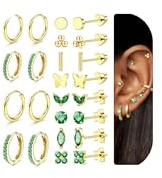 12Paires Boucles D'Oreilles Femme Piercing Oreille Acier Inoxydable 316L Doré Boucles D'Oreilles CréOles CœUr éToilé Double Face HypoallergéNique Piercing Helix Tragus Conch Cartilage Doré Verte CZ