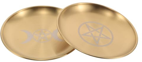 HOODANCOS 2 Pièces Lot de 2 Plateaux d'Autel Sacré en Acier Inoxydable, Assiettes Rituelles Mystiques Pentagramme et Phases de Lune, Plateaux Décoratifs pour Bougies, Bijoux et Outils