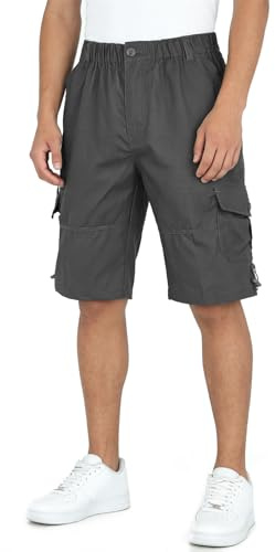 LY4U Men's Summer Cargo Shorts, 100% Cotton, Loose Fit, Elastic Waist with Belt Loops, Multi-Pockets, Lightweight & Breathable Shorts for Outdoor Hiking, Fishing, Camping, Casual Wear Grey