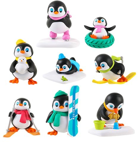 Mobestech 8 Pezzi Mini Figure di Pinguino in Resina, Statuette Natalizie per Decorazione, Scene Invernali da Mensola