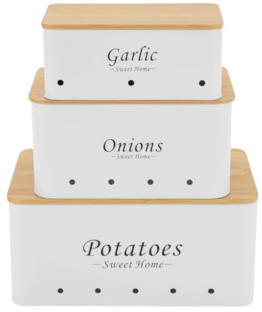 Scatola di Conservazione Patate, Set di Conservazione Aglio Cipolla Fresca, Organizzatore Ventilato per Verdure in Acciaio al Carbonio con Coperchio in Bambù da Taglio, Accessorio Cucina Moderno