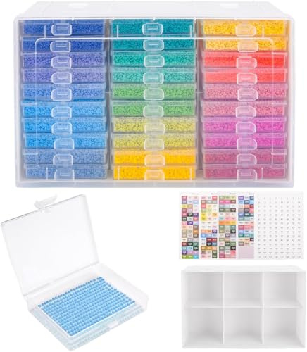 TOSUTO Accesorios de pintura de diamantes,Cajas de Accesorios para Pintura Diamantes e incluye etiquetas de color.Apto para diamantes,pedrería y cuentas,es ideal para manualidades DIY