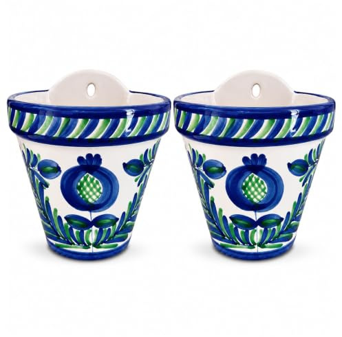 Maceta para Colgar cerámica Pack de 2 16x16 cm, macetero de Pared esmaltado Azul y Verde para Plantas, Flores y Hierbas, Tiesto Colgante Decorativo para Cocina, balcón, Patio y terraza del hogar