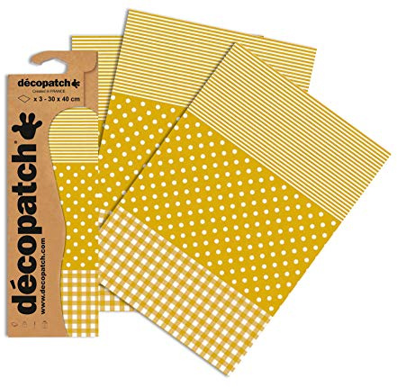 Décopatch - Ref C543O - Gold & White Spots, Stripes and Gingham Paper Pack - Each Sheet 30 x 40cm, Pack of 3 Paper Sheets - Best Used With Décopach Glue & Varnish, Gold & White