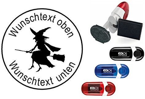 DEKOLANDO Geocaching Stamp 'Witch' with Personal Cachername/Nick Name, Round Rubber Stamp, 24 mm, 3 Colours Selectable Chassis