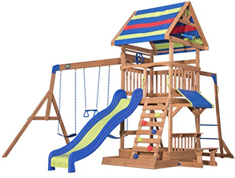 Backyard Discovery Spielturm Holz Northbrook | Spielplatz für Kinder mit Rutsche, Sandkasten, Schaukel und Picknicktisch | Schaukelset für den Garten